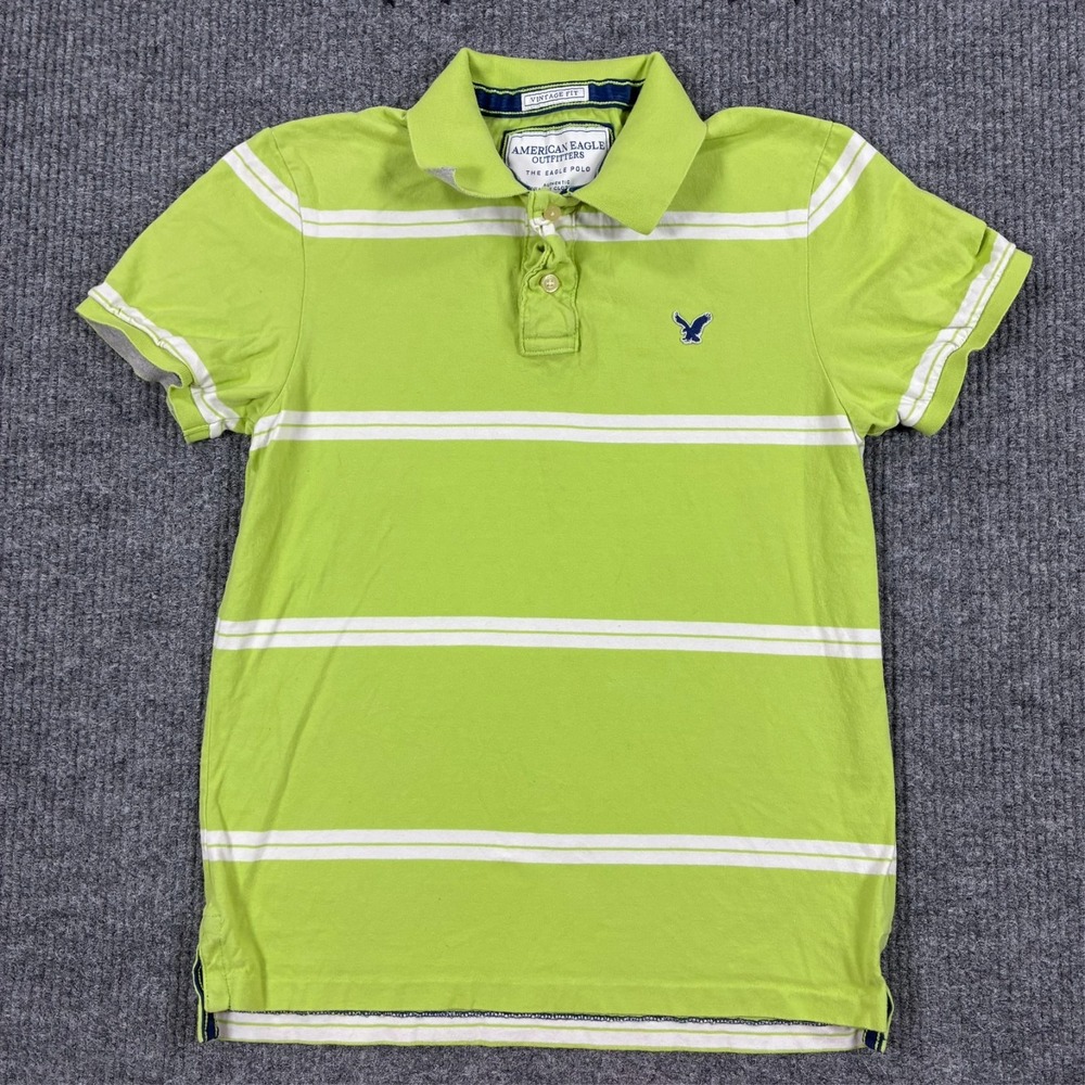 American Eagle Vintage Fit Polo Mens Size M Lime Green White Stripe Eagle Logo